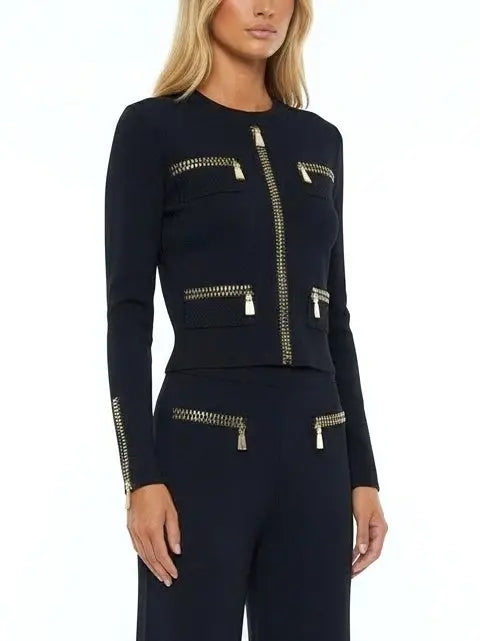 Beaded Zip-Illusion Knit Jacket and Pants Set - Suits & Sets