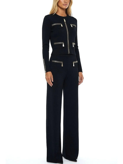 Beaded Zip-Illusion Knit Jacket and Pants Set - Suits & Sets