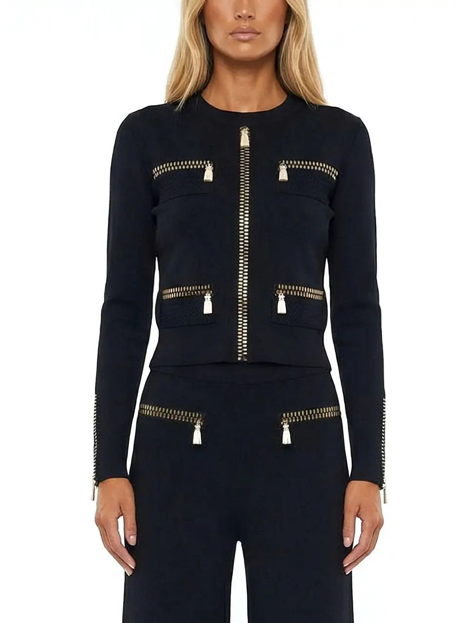 Beaded Zip-Illusion Knit Jacket and Pants Set - Suits & Sets