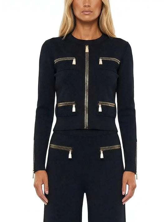 Beaded Zip-Illusion Knit Jacket and Pants Set - Suits & Sets