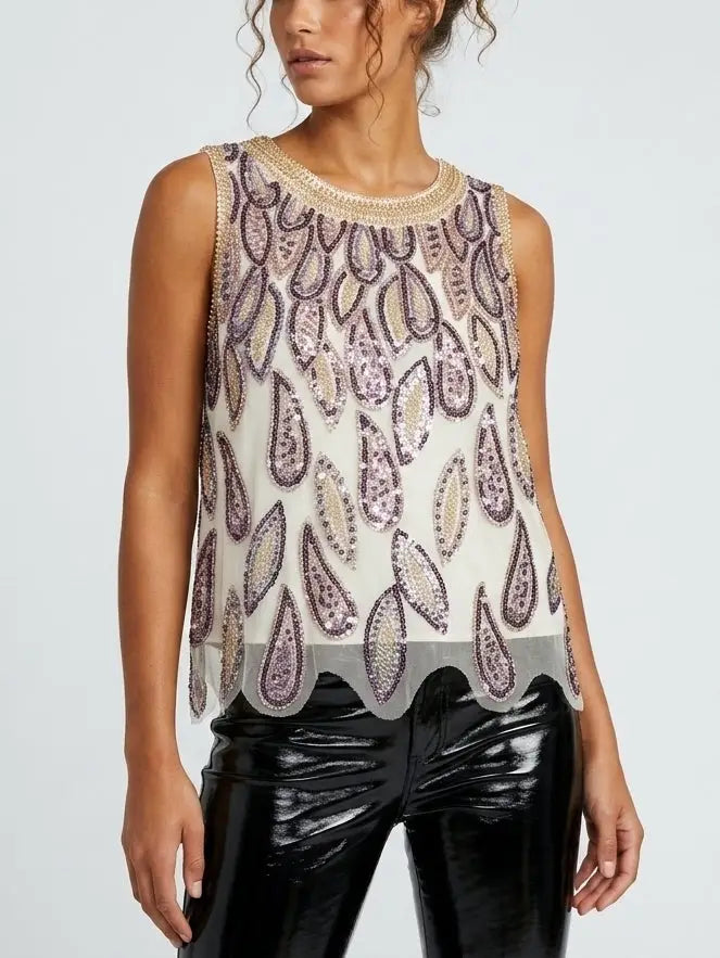 Beaded and Sequin Embellished Tank Top - Tops