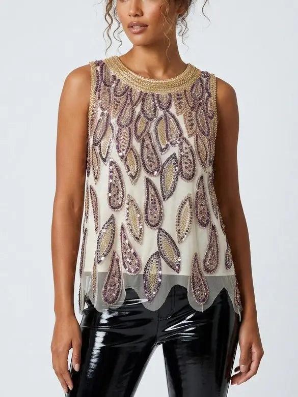 Beaded and Sequin Embellished Tank Top - Tops