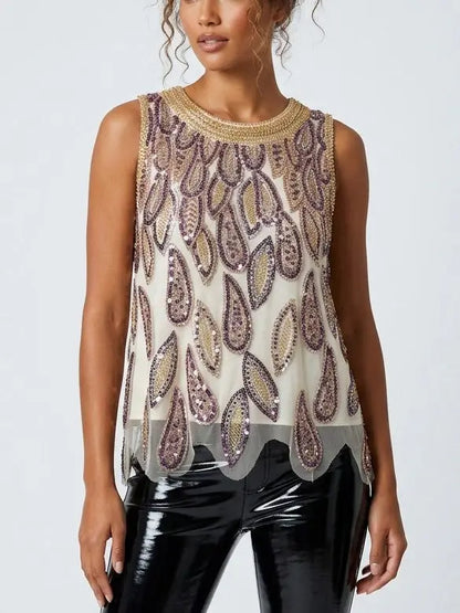 Beaded and Sequin Embellished Tank Top - Tops