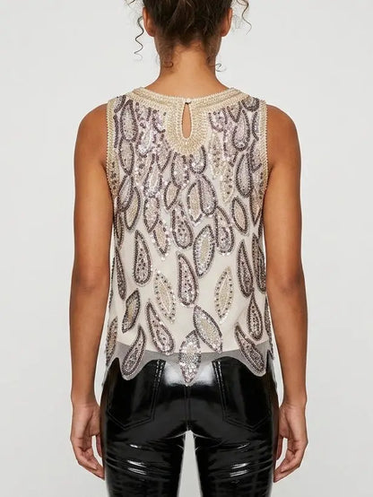 Beaded and Sequin Embellished Tank Top - Tops