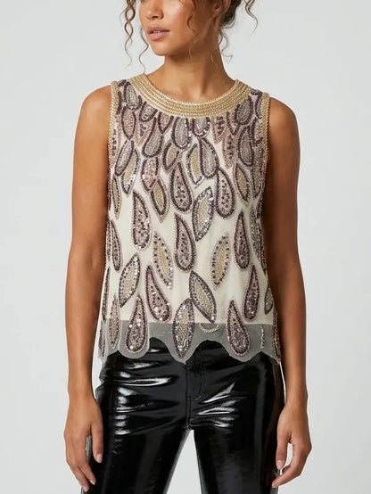 Beaded and Sequin Embellished Tank Top - Tops