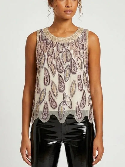 Beaded and Sequin Embellished Tank Top - Tops