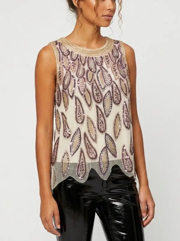 Beaded and Sequin Embellished Tank Top - Tops