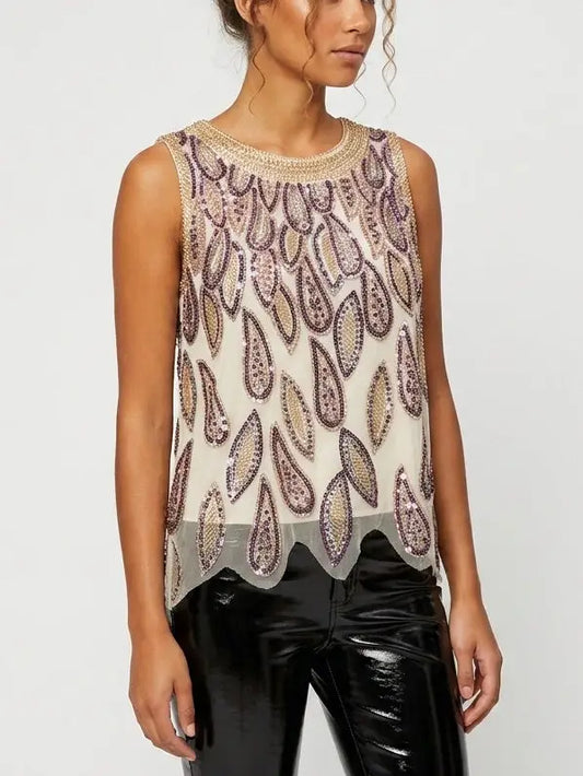 Beaded and Sequin Embellished Tank Top - Tops