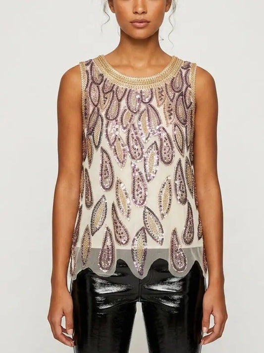 Beaded and Sequin Embellished Tank Top - S - Tops