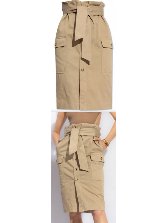 Beige Cargo Cotton Saharienne Safari Style Knee-Length Skirt - Branna Couture