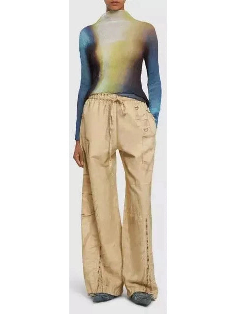 Beige Cotton Cargo Wide-Leg Pants - Branna Couture