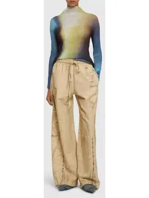 Beige Cotton Cargo Wide-Leg Pants - Branna Couture