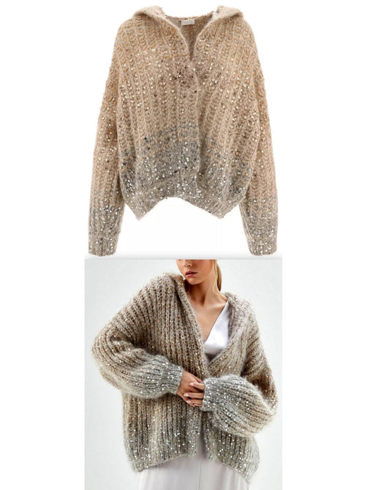 Beige Gradient Sequin-Embellished Knitted Hooded Cardigan - Branna Couture