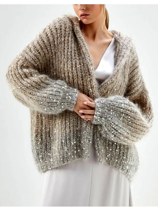 Beige Gradient Sequin-Embellished Knitted Hooded Cardigan - Branna Couture