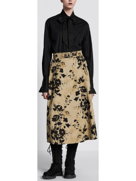 Beige and Black Floral Cotton Gabardine Flared Mid-Length Skirt - Branna Couture