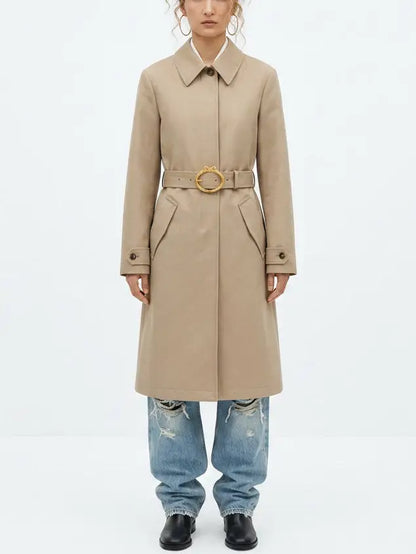 Beige Belted Single-Breasted Cotton Trench Coat - Small - Coats