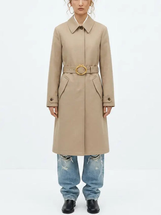 Beige Belted Single-Breasted Cotton Trench Coat - Small - Coats