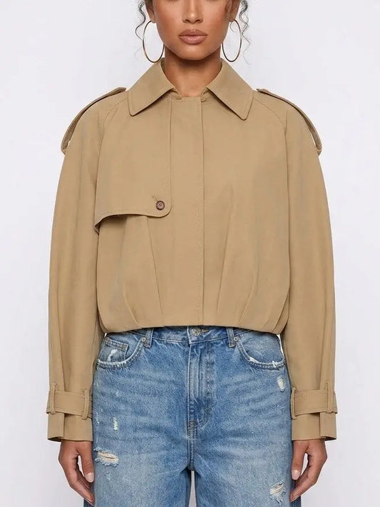 Beige Cotton Cropped Trench Jacket with Pleated Hem - S - Jackets