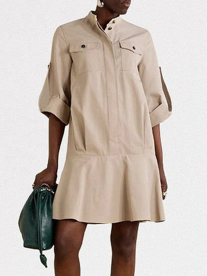 Beige Cotton Twill Mini Shirt Dress - Small - Dresses