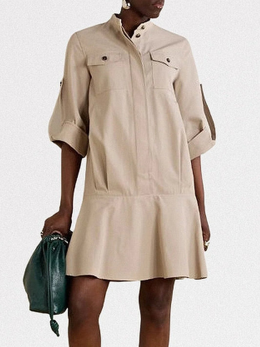 Beige Cotton Twill Mini Shirt Dress - Small - Dresses