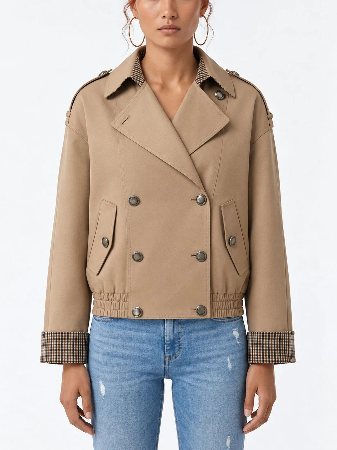 Beige Double-Breasted Trench Jacket with Check Lining - Small - Jackets