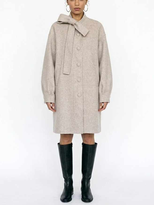 Beige Double-Faced Wool Coat with Bow Collar - XS - Coats