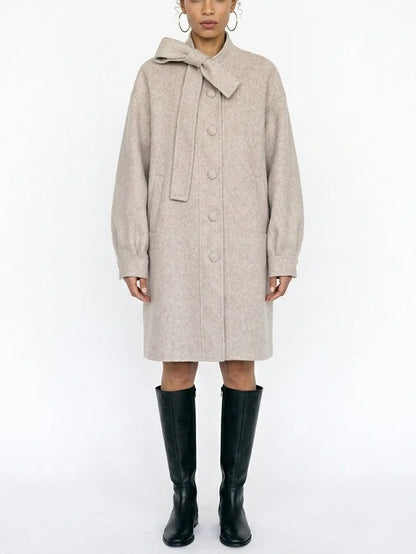Beige Double-Faced Wool Coat with Bow Collar - XS - Coats