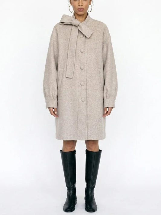 Beige Double-Faced Wool Coat with Bow Collar - XS - Coats