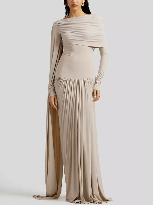 Beige Draped Drop-Waist Fitted Pleat Gown - XS - Dresses