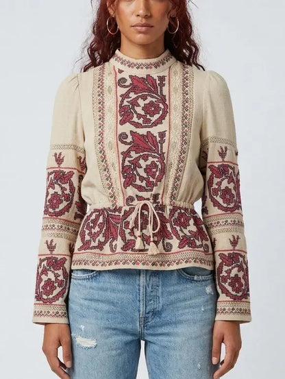 Beige Embroidered High Neck Tie Waist Blouse - Small - Tops