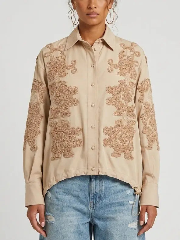 Beige Embroidered Silk Shirt with Drawstring Waist - Small - Tops