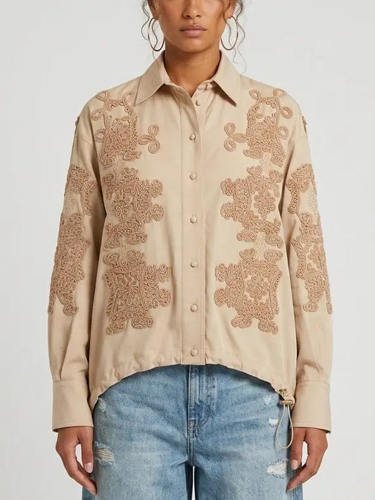Beige Embroidered Silk Shirt with Drawstring Waist - Small - Tops