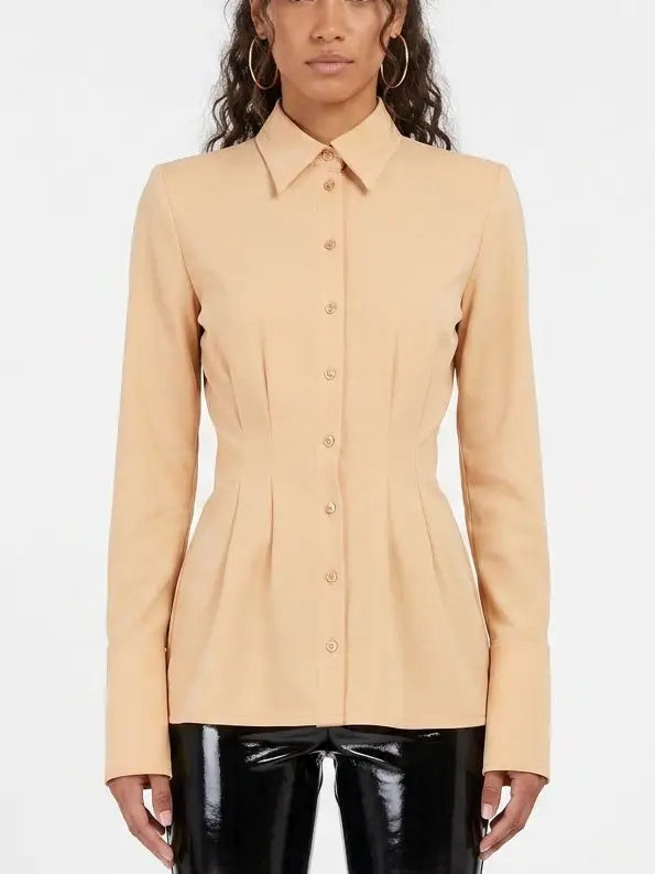 Beige Fitted Button Front Shirt with Shaped Waist - Small - Tops