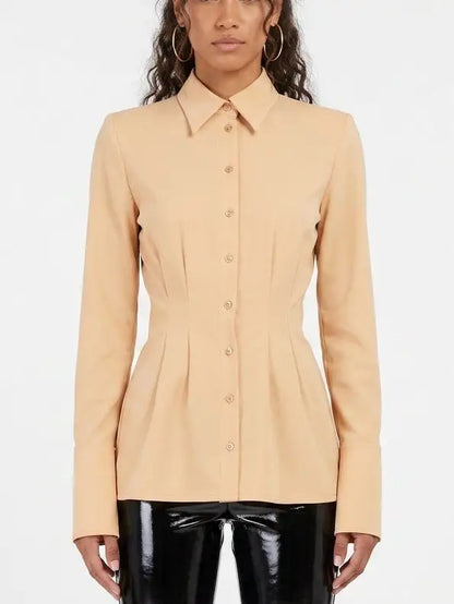 Beige Fitted Button Front Shirt with Shaped Waist - Small - Tops