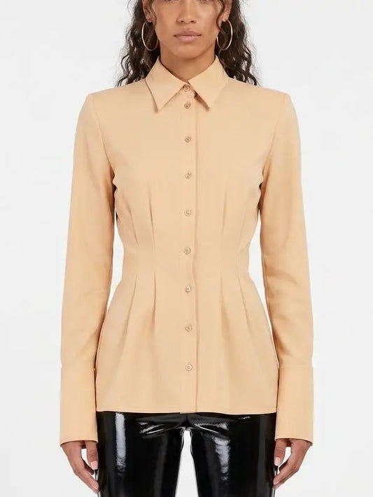 Beige Fitted Button Front Shirt with Shaped Waist - Small - Tops