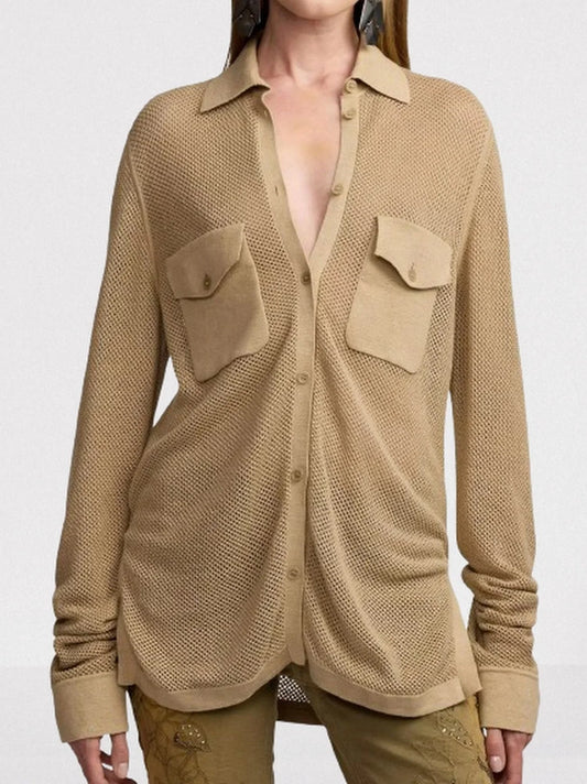 Beige Linen Blend Mesh Shirt Small Tops