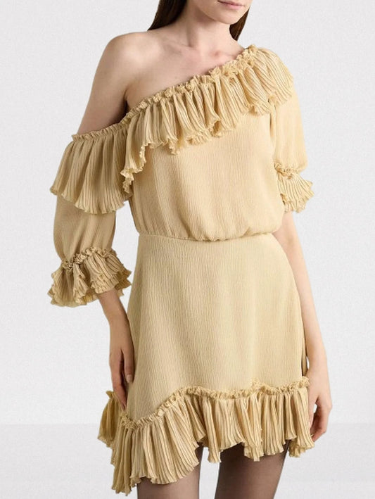 Beige One-Shoulder Ruffled Mini Dress - Small - Dresses