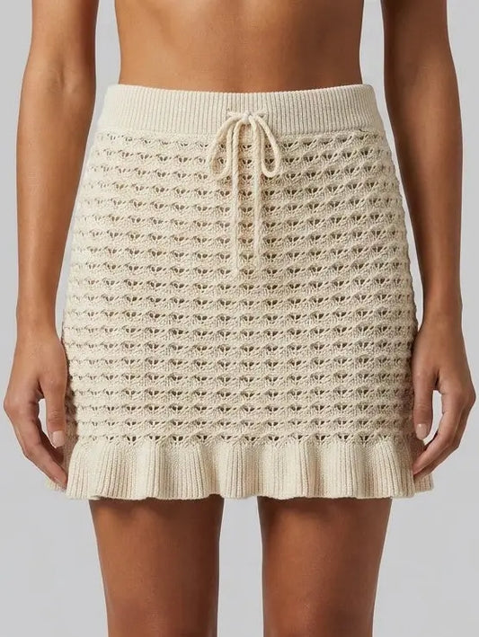 Beige Pointelle Knit Drawstring Mini Skirt - Small - Skirts