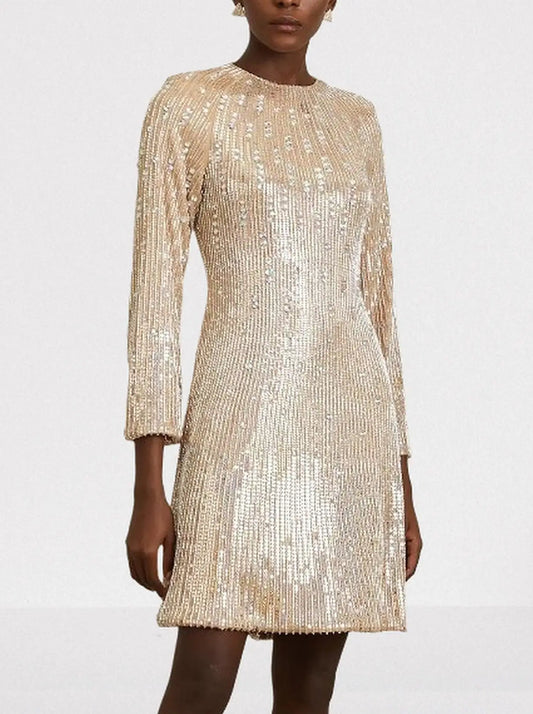 Beige Sequin-Embellished Mini Dress - S - Dresses