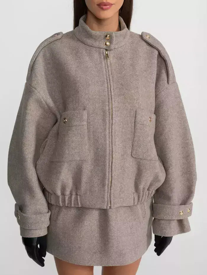 Beige Wool-Blend Bomber Jacket and Skirt Set - Small - Suits & Sets