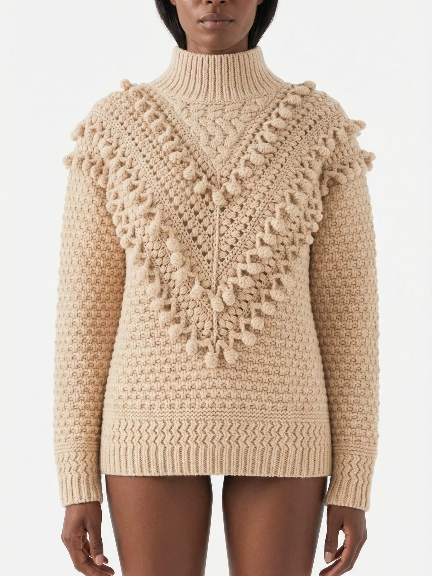 Beige Wool Turtleneck Sweater with Bobble Knit Detail - S - Sweaters & Knitwear