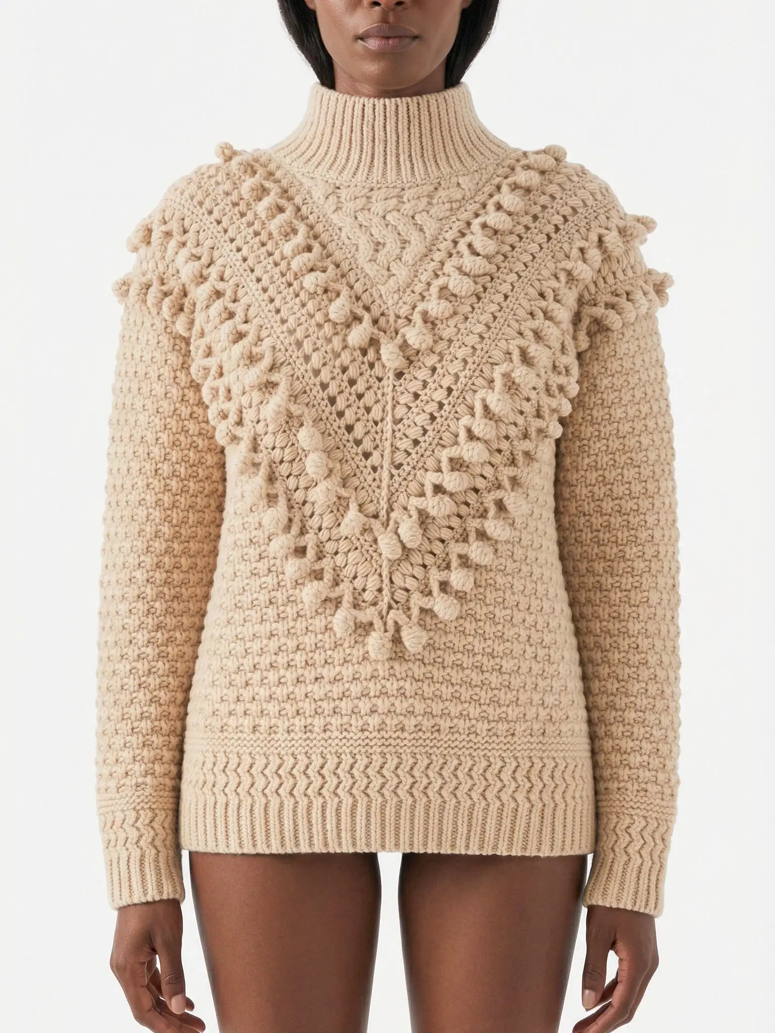 Beige Wool Turtleneck Sweater with Bobble Knit Detail - S - Sweaters & Knitwear