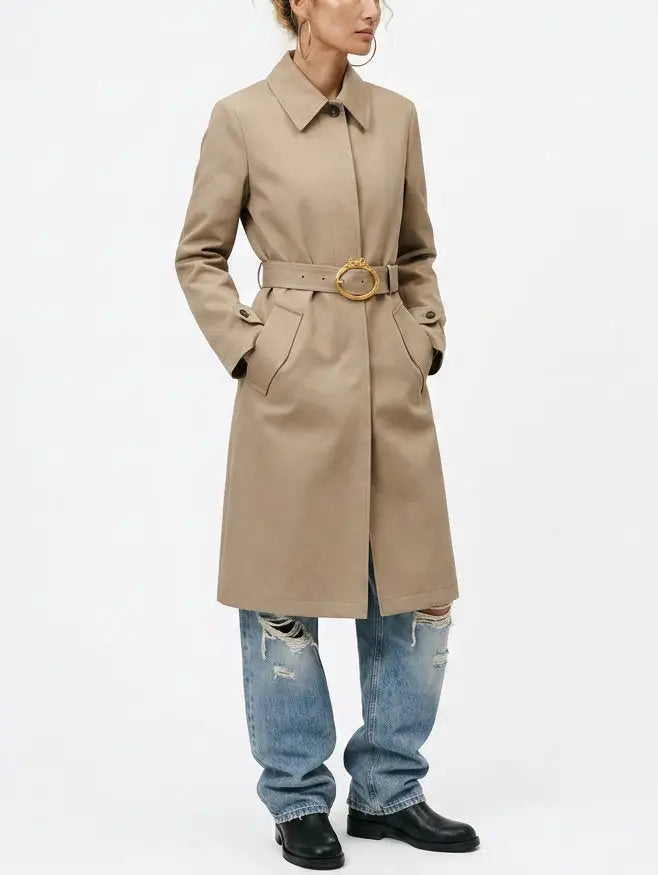 Beige Belted Single-Breasted Cotton Trench Coat - Coats
