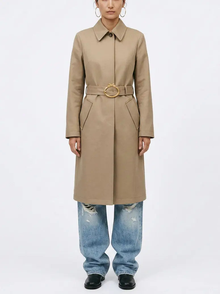 Beige Belted Single-Breasted Cotton Trench Coat - Coats