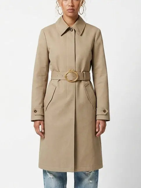 Beige Belted Single-Breasted Cotton Trench Coat - Coats