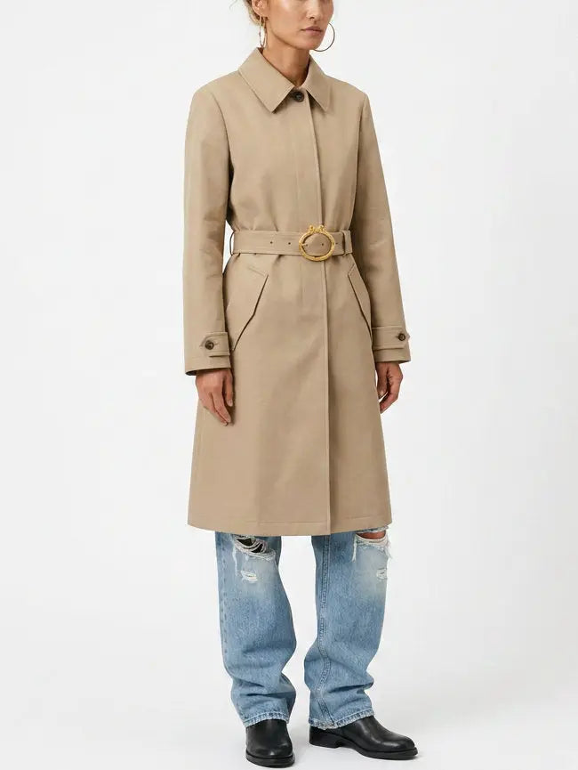 Beige Belted Single-Breasted Cotton Trench Coat - Coats