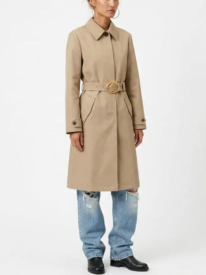 Beige Belted Single-Breasted Cotton Trench Coat - Coats