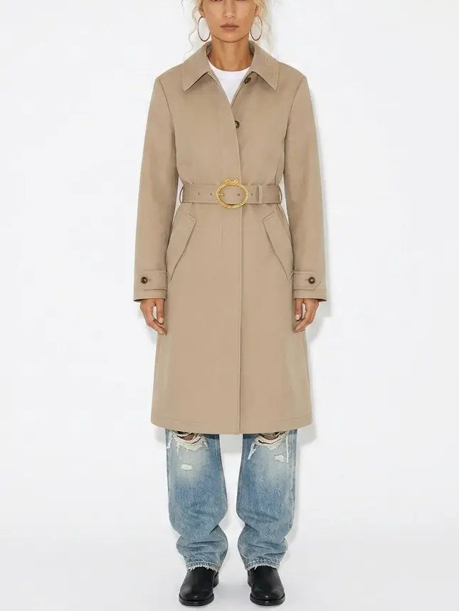 Beige Belted Single-Breasted Cotton Trench Coat - Coats