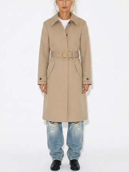 Beige Belted Single-Breasted Cotton Trench Coat - Coats
