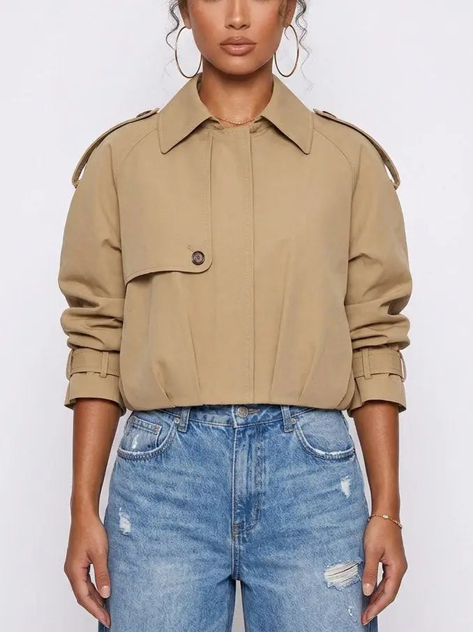 Beige Cotton Cropped Trench Jacket with Pleated Hem - Jackets